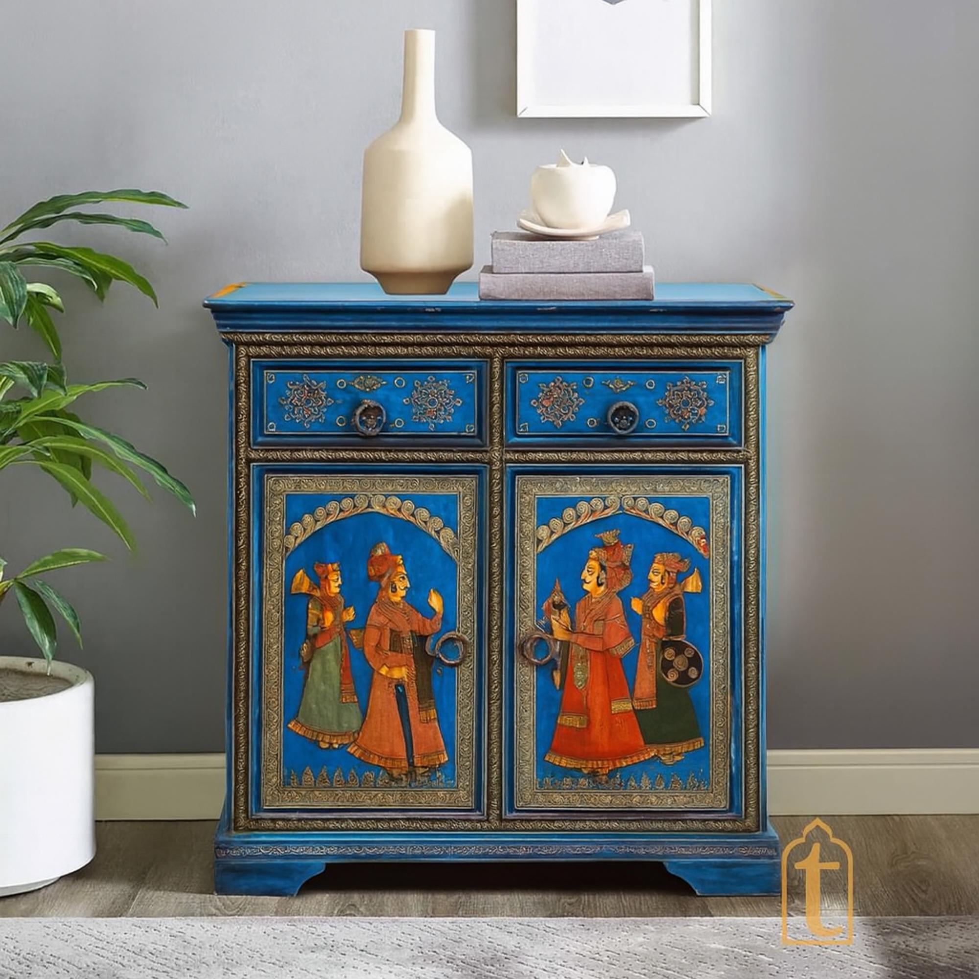 Indian Artistry Hand Painted Beautiful King Queen Designed Wooden Cabinet For Home Décor / Side Cabinet / Living Room Décor Cabinet / Wooden Furniture.