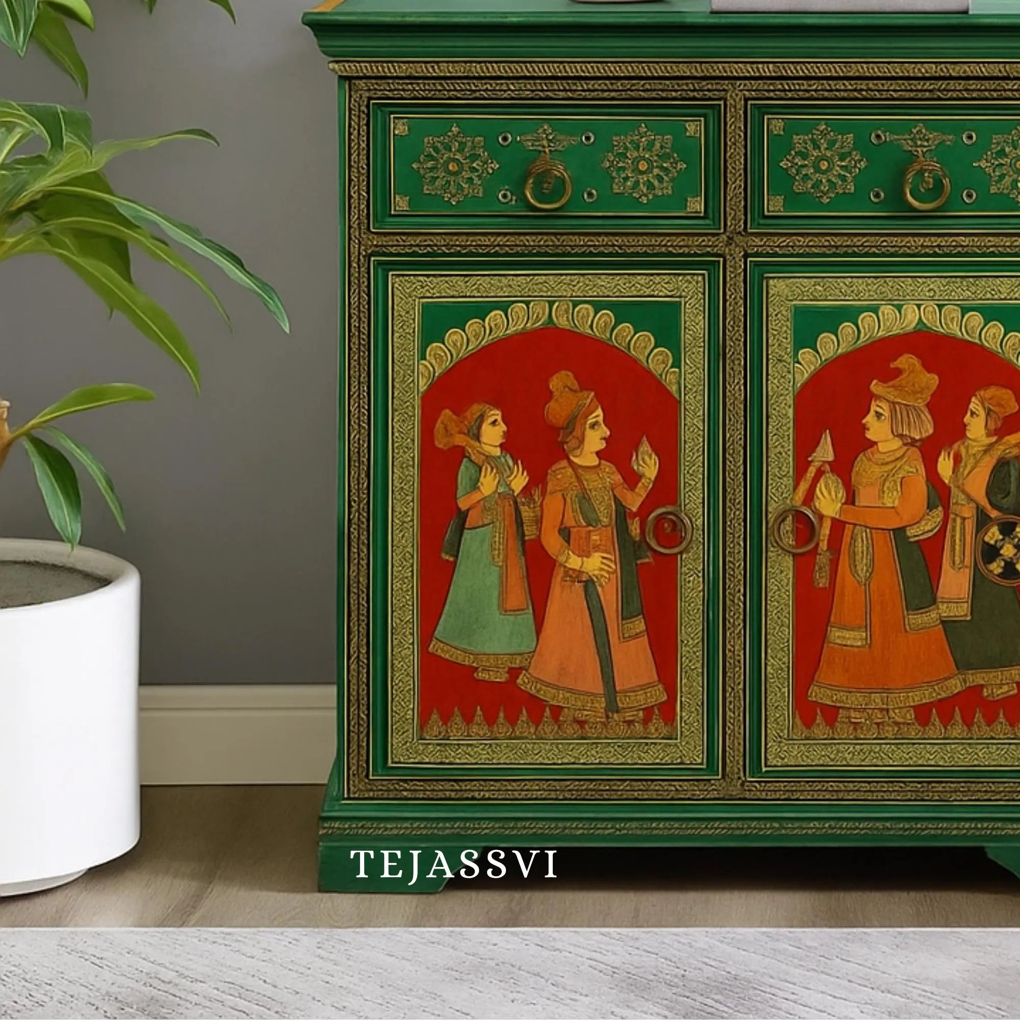 Indian Artistry Hand Painted Beautiful King Queen Designed Wooden Cabinet For Home Décor / Side Cabinet / Living Room Décor Cabinet / Wooden Furniture.