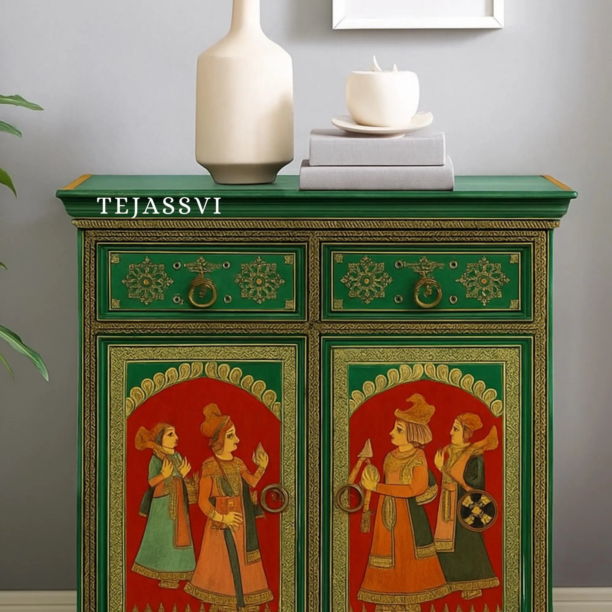 Indian Artistry Hand Painted Beautiful King Queen Designed Wooden Cabinet For Home Décor / Side Cabinet / Living Room Décor Cabinet / Wooden Furniture.