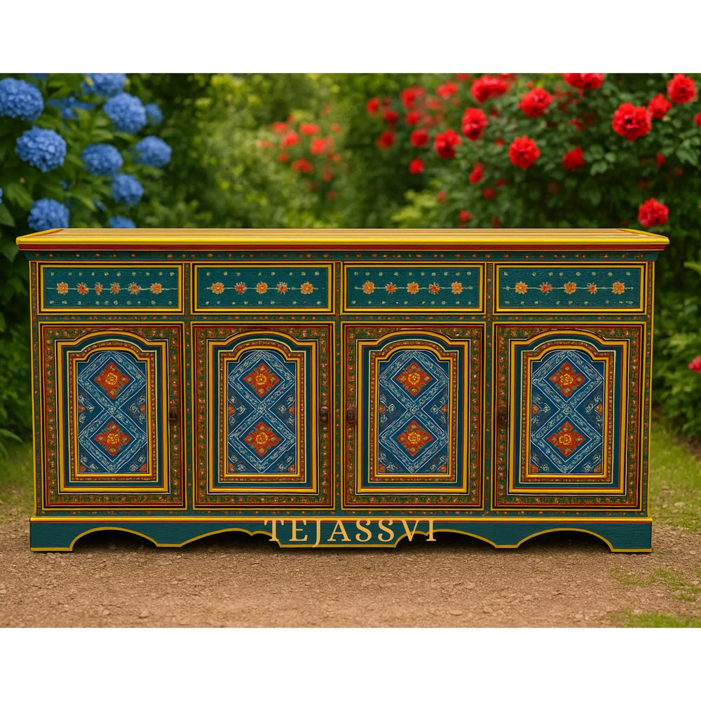 Wooden Floral Designed Sideboards / Wooden Cabinet / Hand Painted Wooden Big Cabinet For Living Room Furniture .