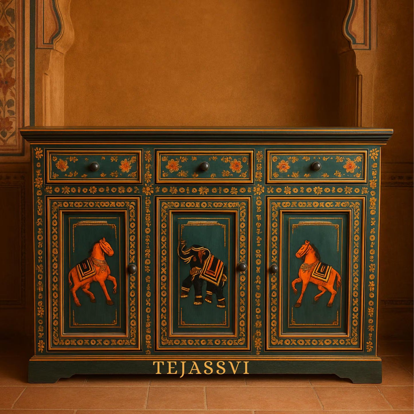Blue Ghora Painted 3 Door Sideboard / Side Storage / Cabinet | Bedside, Side Table, Hand Painted, Wooden Big Cabinet/ Vintage Cabinet.
