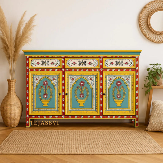 Wooden Indian Floral designed Side Storage / Cabinet | Bedside, Side Table, Hand Painted, Wooden Big Cabinet, Living Room Furniture, Fine Panting.