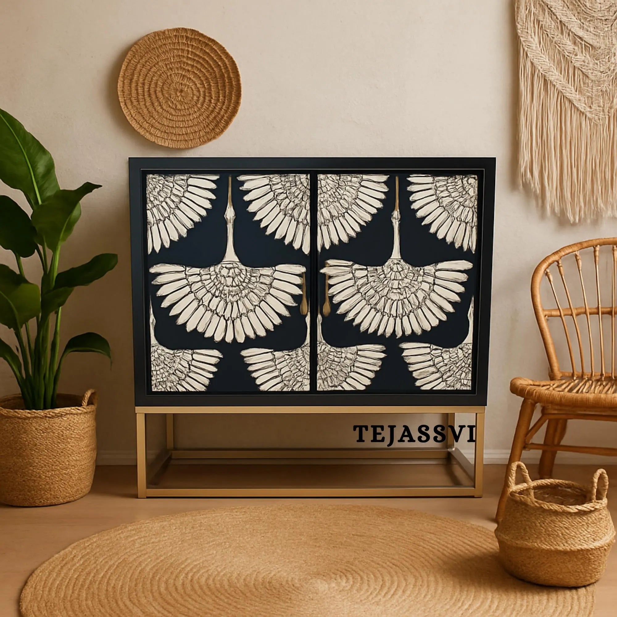 Bone Inlay Swan Pattern Cabinet / Indian Art Sideboard / Bone Inlay Side Boards / Bone Inlay Cabinet and Console Luxury Furniture.