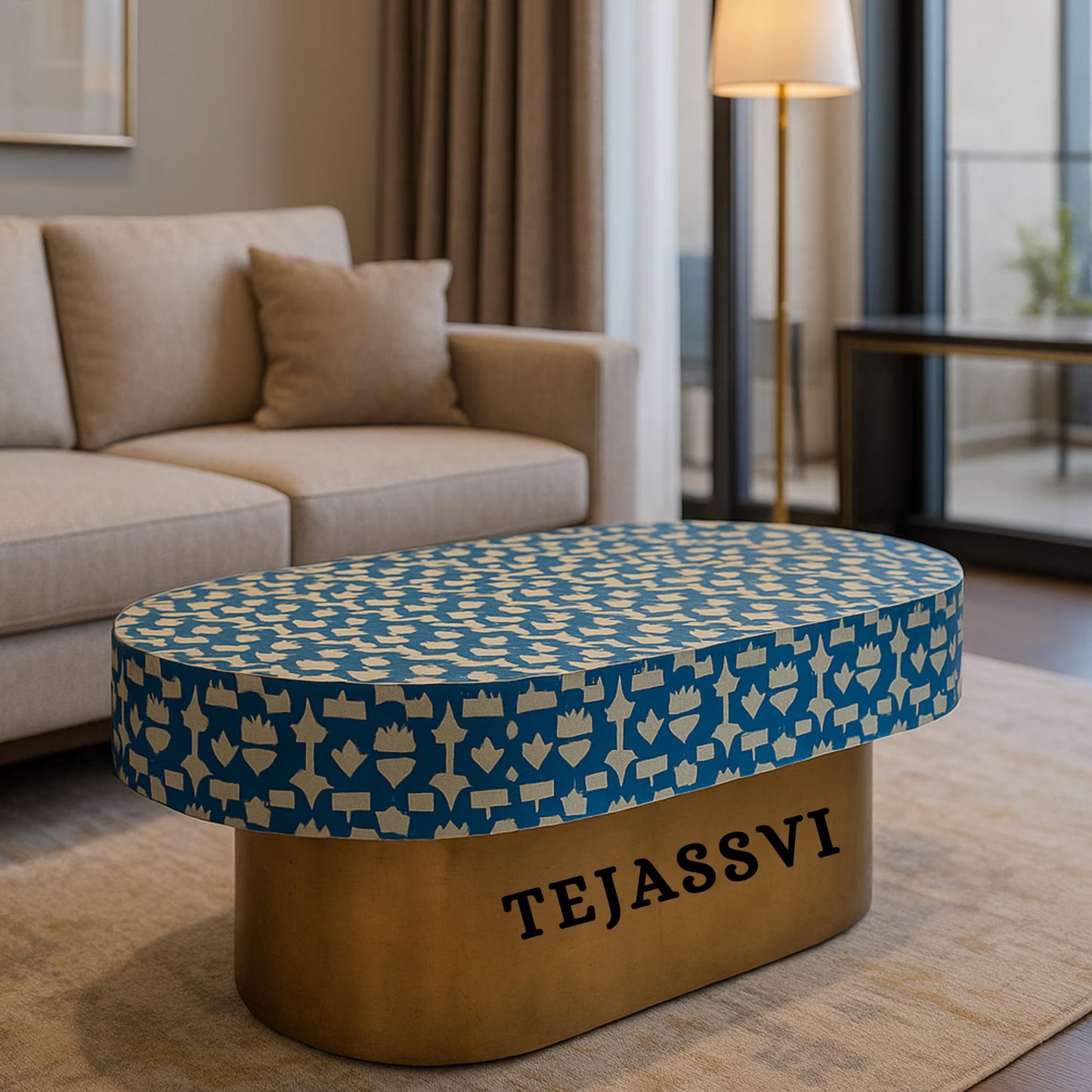 Bone Inlay Wooden Coffee Table/MOP Bone Inlay Oval Shape Coffee Table/Oval Coffee Table/Floral Design Centre Table/Bone Inlay Cocktail Table