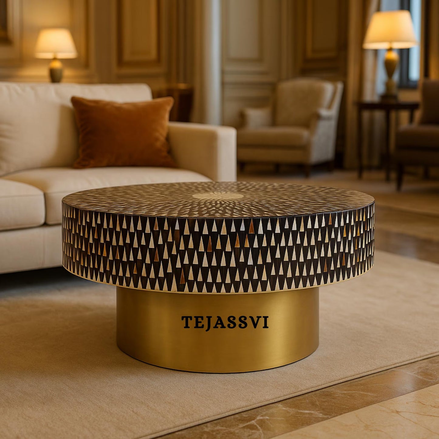 Handmade Bone Inlay Coffee Table, Round Coffee Table, Sun Ray design Centre Table, Cocktail Table, Modern Luxury furniture/Luxury Table.