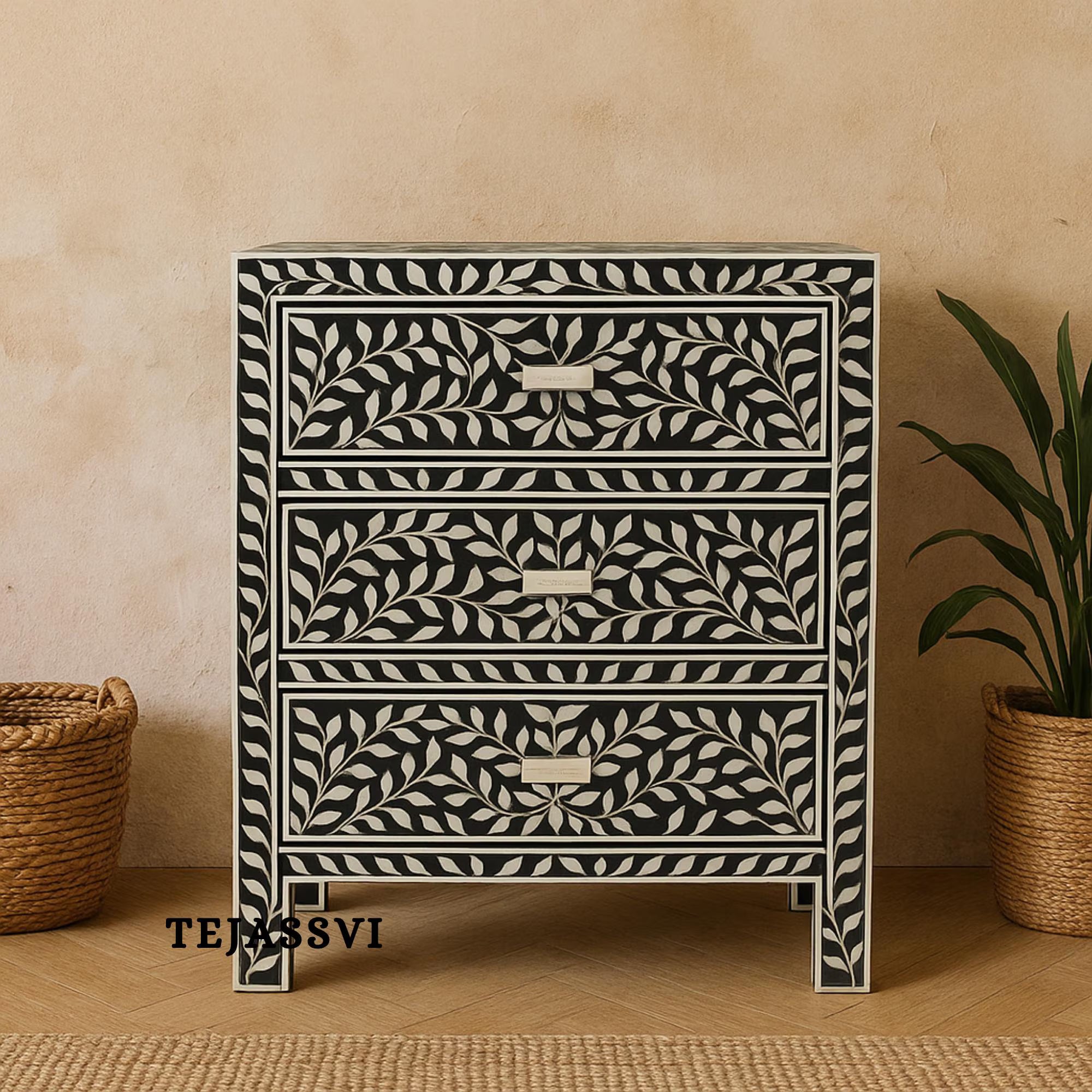 Wooden Handmade Bone Inlay Chest of 3 Drawer / Wooden Bone Inlay Buffet / Bone Inlay Bedside Wooden Modern Floral Bedside / Bone Inlay Side Table / Nightstand 3 Drawer.