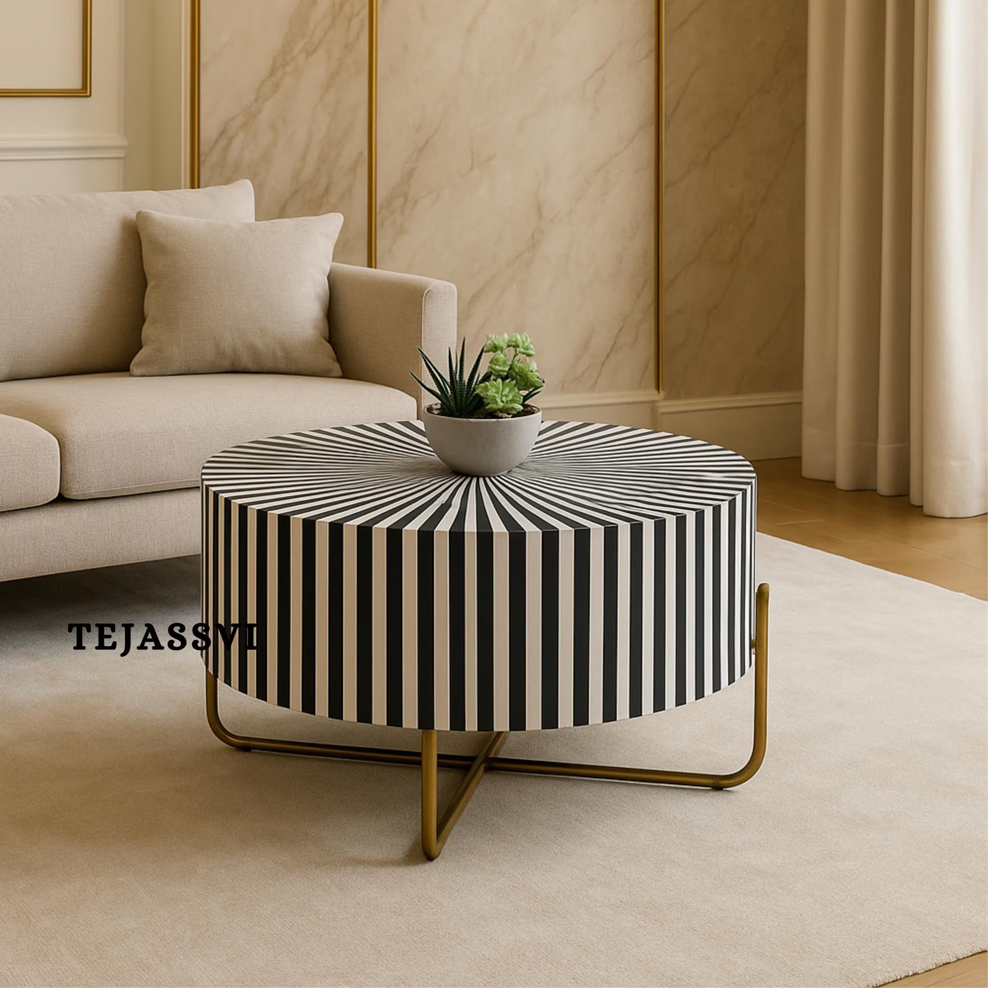 Bone Inlay Round Coffee Table / Round Centre Table / Bone Inlay Round Coffee Table / Handmade Bone Inlay Modern Pattern Furniture Cocktail Table.