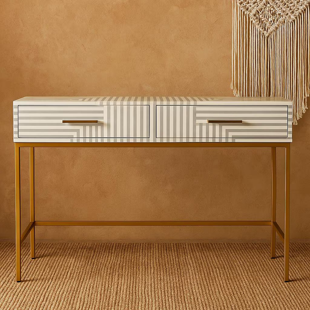 Wooden Bone Inlay Console Table | Hall-Way Entry Table | Bone Inlay 2 Drawer Console Table / Bone Inlay Stripe Desk / Bone Inlay Storage.