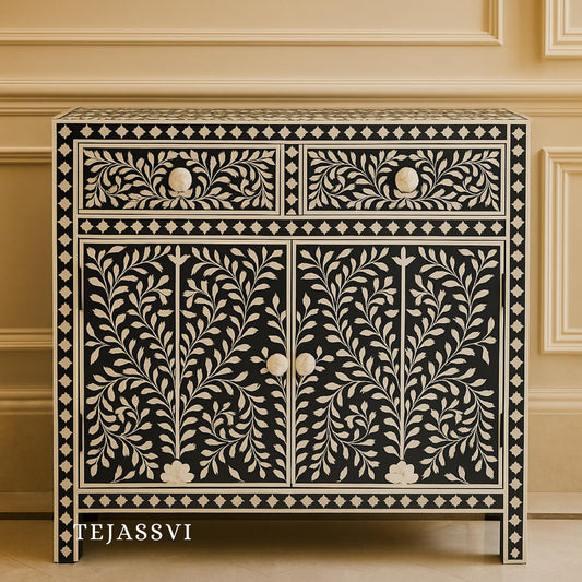 Bone Inlay Floral Design Entryway Cabinet Black | Bone Inlay 2 Drawer Cabinet,Inlay Chest of Drawers,Bone Inlay Dresser,Bone Inlay Sideboard
