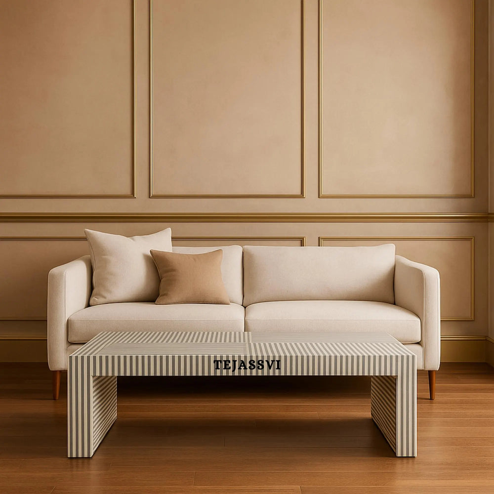 Handmade Modern Striped Pattern Coffee Table / Bone Inlay Wooden Coffee Table / Wooden Furniture / Rectangle Coffee Table / Bone Inlay Cocktail Table.
