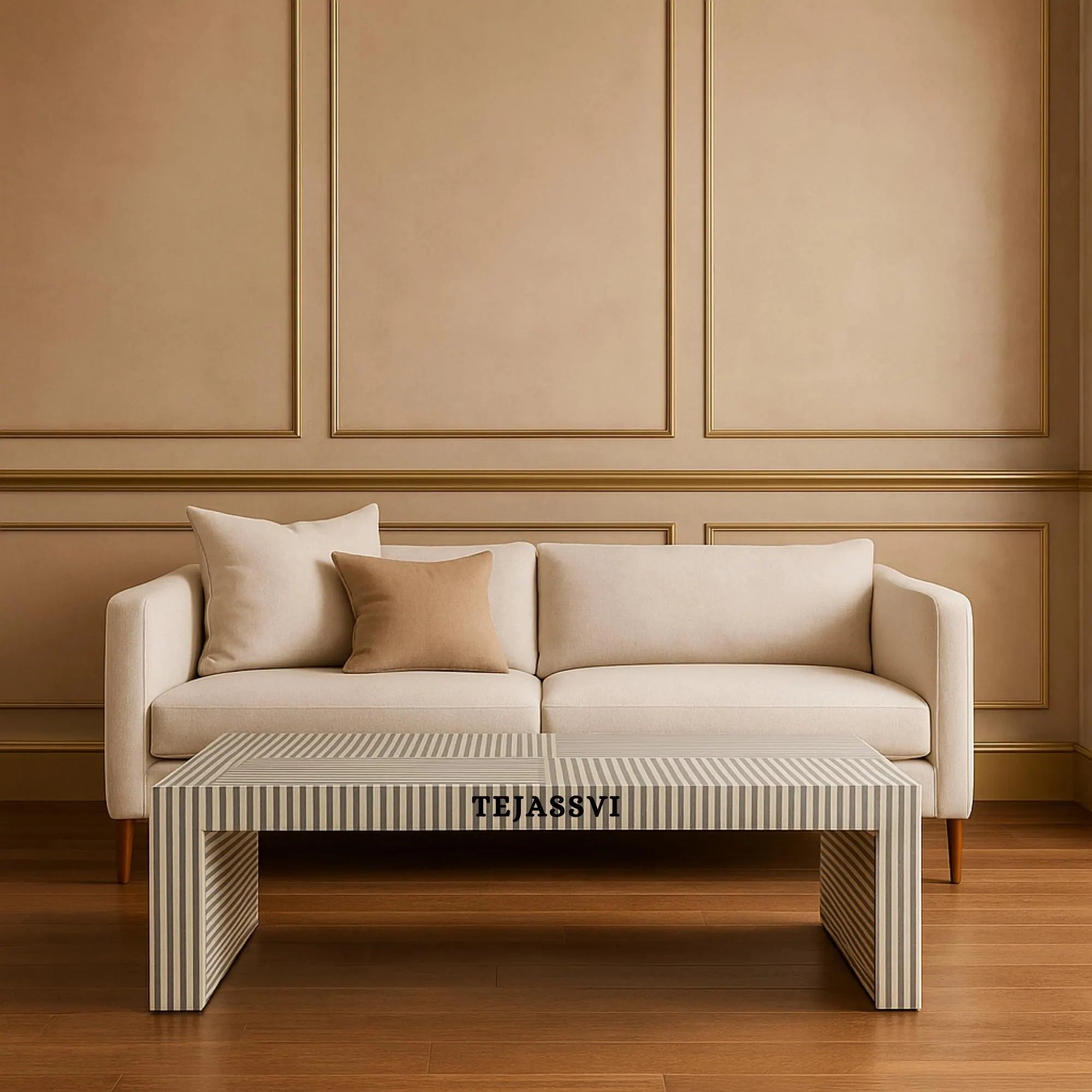 Handmade Modern Striped Pattern Coffee Table / Bone Inlay Wooden Coffee Table / Wooden Furniture / Rectangle Coffee Table / Bone Inlay Cocktail Table.