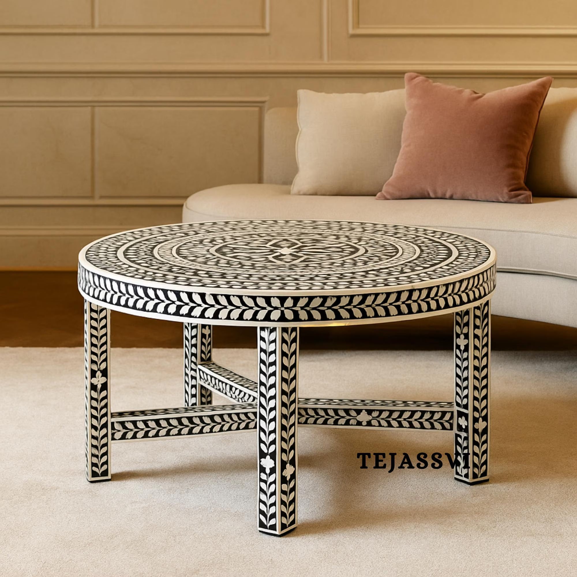 Bone Inlay Round Coffee Table / Round Centre Table / Bone Inlay Floral Design Round Coffee Table / Handmade Bone Inlay Modern Pattern Luxury Furniture.