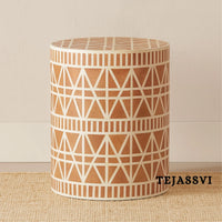 Bone Inlay Handmade Modern Cylindrical Design Side Table | Round Bone Inlay Stool in Orange Color | Sofa Side Table | Modern Luxury Furniture.