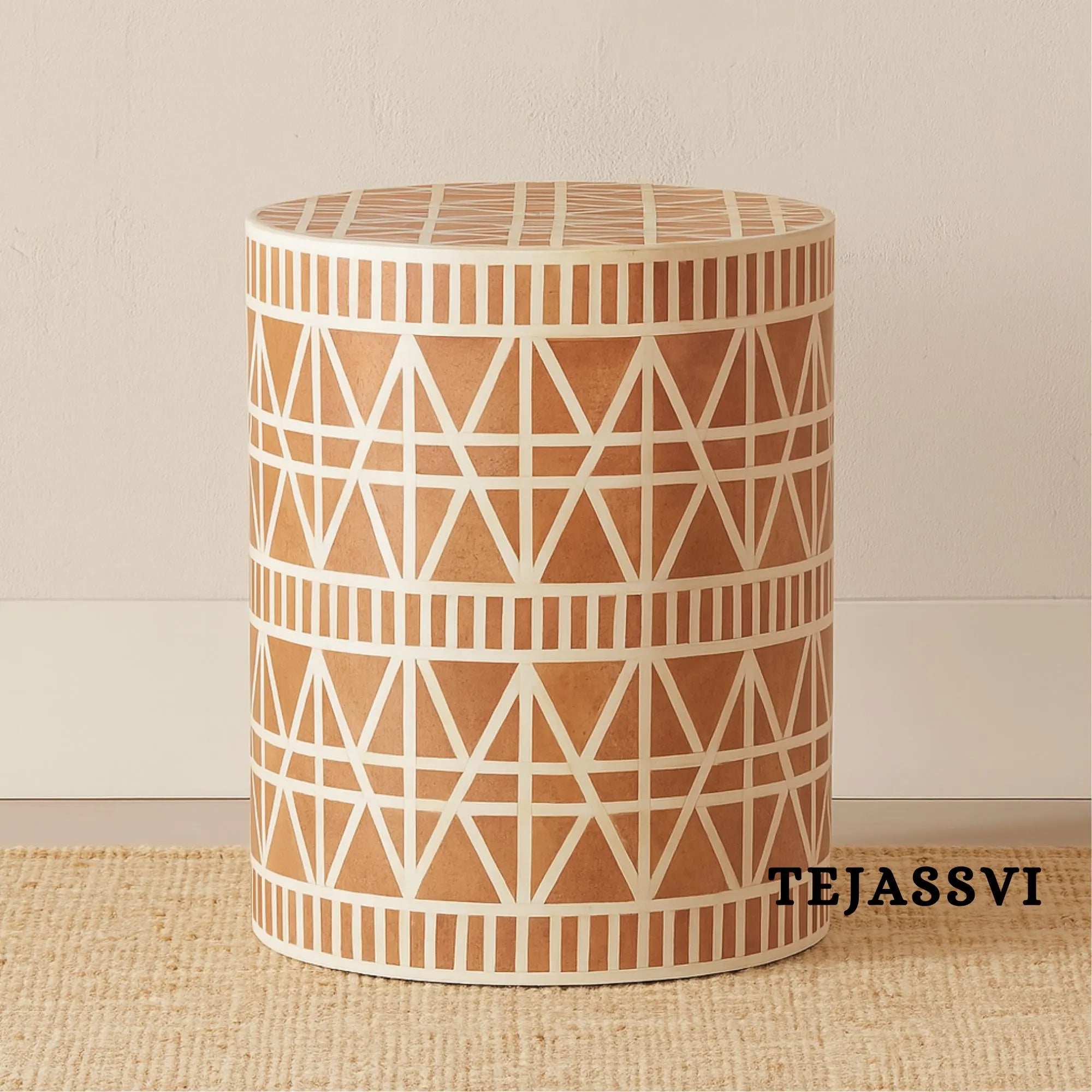 Bone Inlay Handmade Modern Cylindrical Design Side Table | Round Bone Inlay Stool in Orange Color | Sofa Side Table | Modern Luxury Furniture.