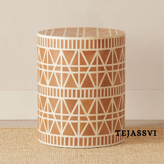 Bone Inlay Handmade Modern Cylindrical Design Side Table | Tribal Bone Inlay Stool in Brown | sofa side Table, Modern Luxury Furniture.