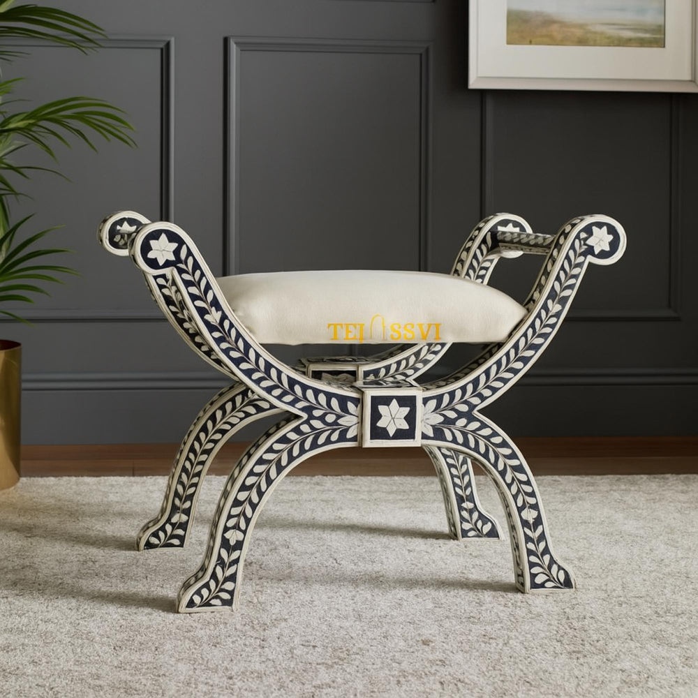 Hnadmade Bone Inlay Floral Black Jenny Stool | Bone Inlay chair | Modern Luxury Furniture