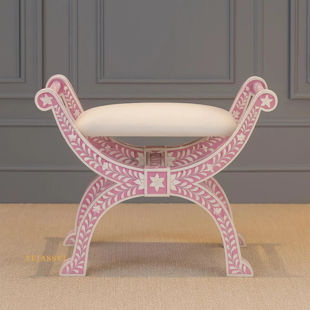 Handmade Bone Inlay Floral Pink Jenny Stool | Bone Inlay chair | Modern Luxury Furniture