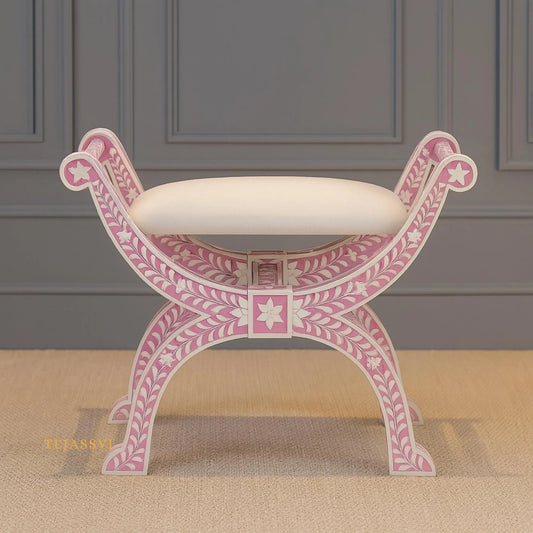 HANDMADE BONE INLAY Floral Pink Jenny Stool | Bone Inlay chair | Modern Luxury Furniture