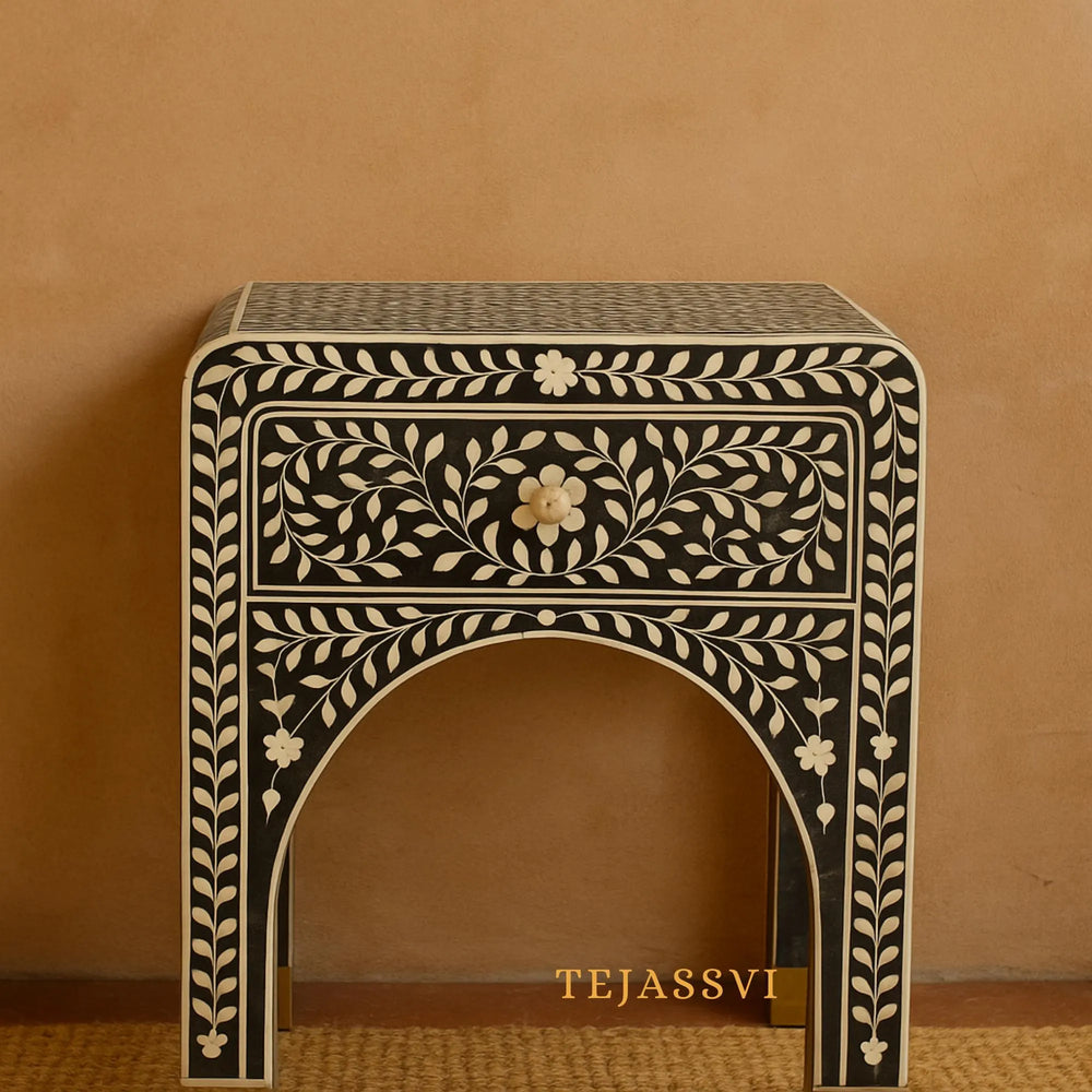 Bone Inlay Curved Bedside Floral Table, Bedside, Bone Inlay Bedside Wooden Modern Floral Bedside /Side table / 1 Drawer Bone Inlay Nightstand.