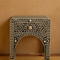 Bone Inlay Curved Bedside Floral Table, Bedside, Bone Inlay Bedside Wooden Modern Floral Bedside /Side table / 1 Drawer Bone Inlay Nightstand.