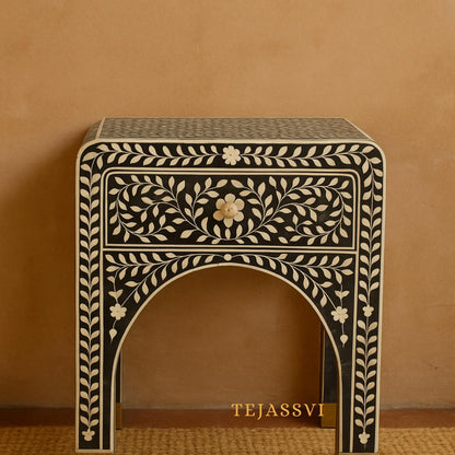 Bone Inlay Curved Bedside Floral Table, Buffet, Bone Inlay Bedside Wooden Modern Floral Bedside /Side table / 1 Drawer Bone Inlay Nightstand
