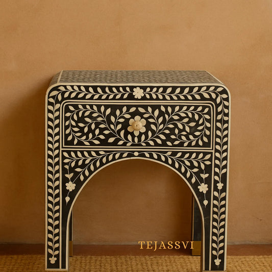 Bone Inlay Curved Bedside Floral Table, Buffet, Bone Inlay Bedside Wooden Modern Floral Bedside /Side table / 1 Drawer Bone Inlay Nightstand