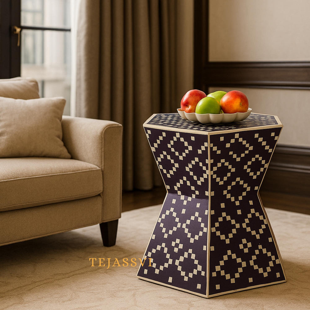 Handmade Bone Inlay Hexagon Side Table | Bone Inlay Side Table | Modern Luxury Furniture/bone inlay nightstand / Bone Inlay Side Table .