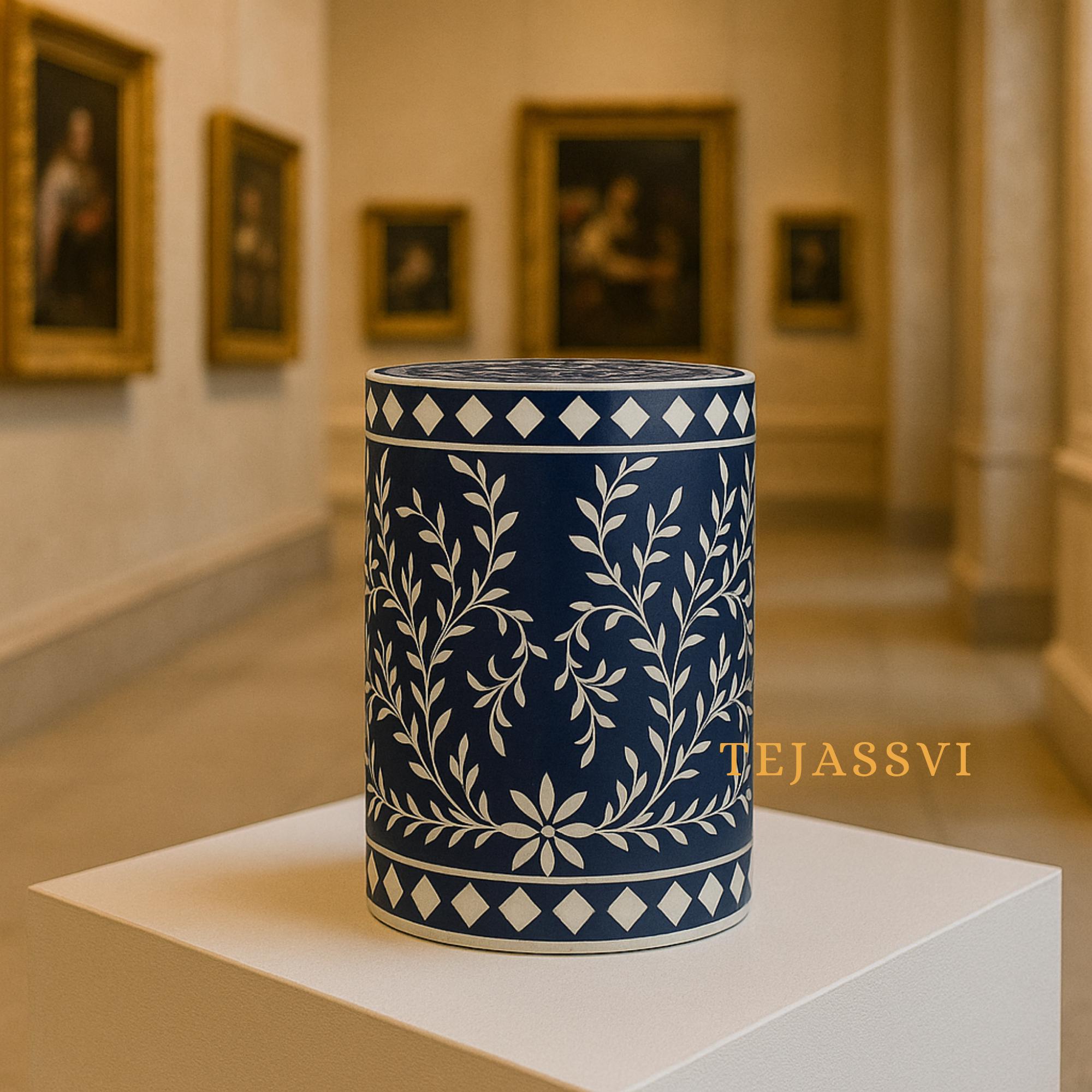 Bone Inlay Handmade Modern Cylindrical Design Side Table | Round Bone Inlay Stool | Sofa Side Table | Modern Luxury Furniture.