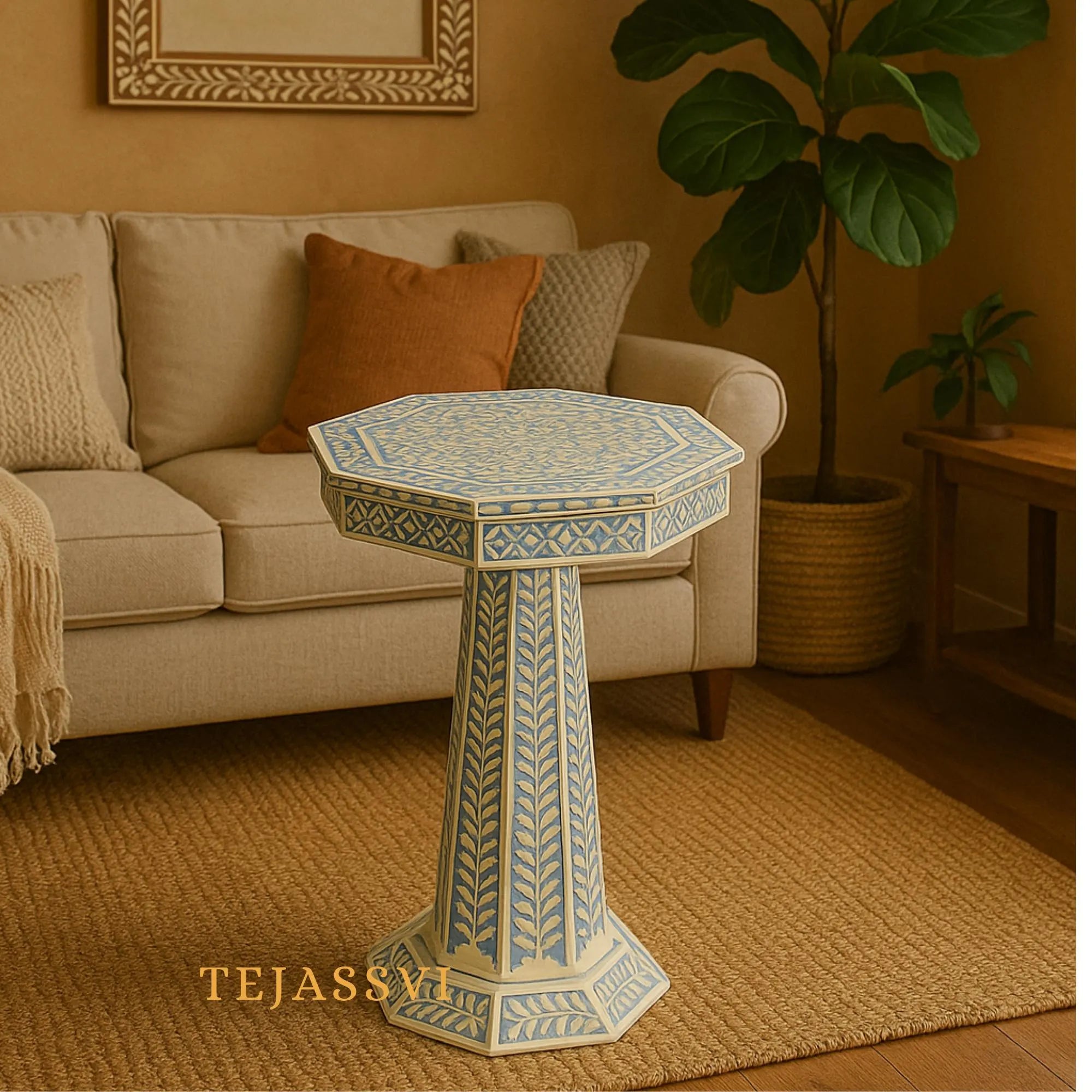 Handmade Bone Inlay Pedestal Side Table | Blue Floral Bone Inlay Pedestal Side Table | Bone Inlay Wooden Antique sofa side Table For Home Decor.