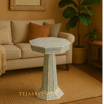 Handmade Bone Inlay Pedestal Side Table | Blue Floral Bone Inlay Pedestal Side Table | Bone Inlay Wooden Antique sofa side Table