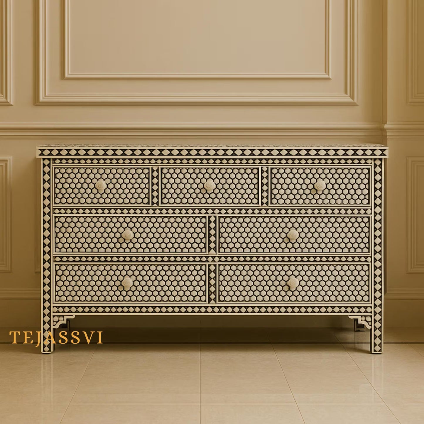 Bone Inlay 7-Drawer Chest: Black Resin Honeycomb Pattern Sideboard/ bone inlay console/sideboards/bone inlay Luxury furniture