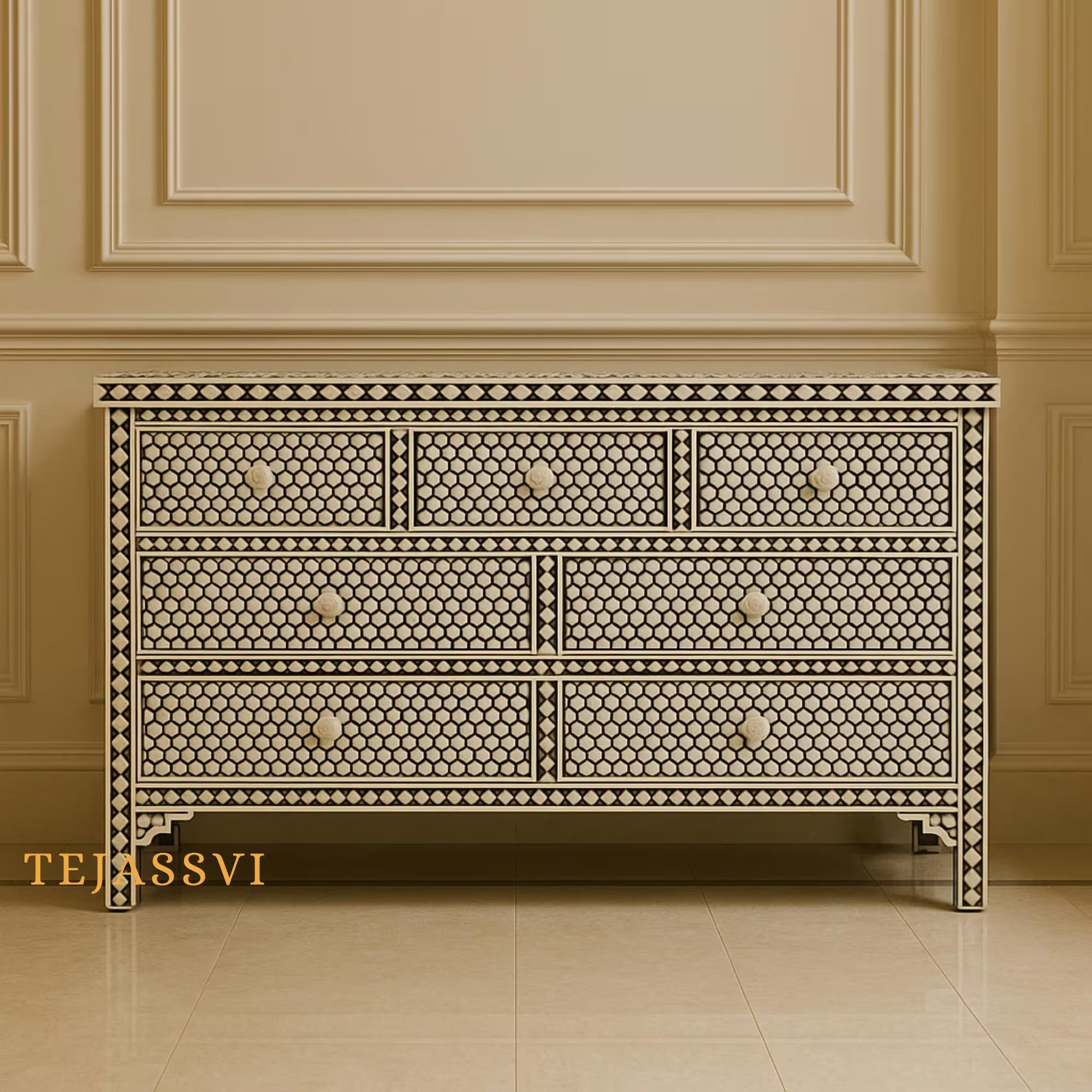 Bone Inlay 7-Drawer Chest of Drawer / Honeycomb Pattern Sideboard / Bone Inlay Console / Bone Inlay Sideboards / Bone inlay Luxury Furniture.