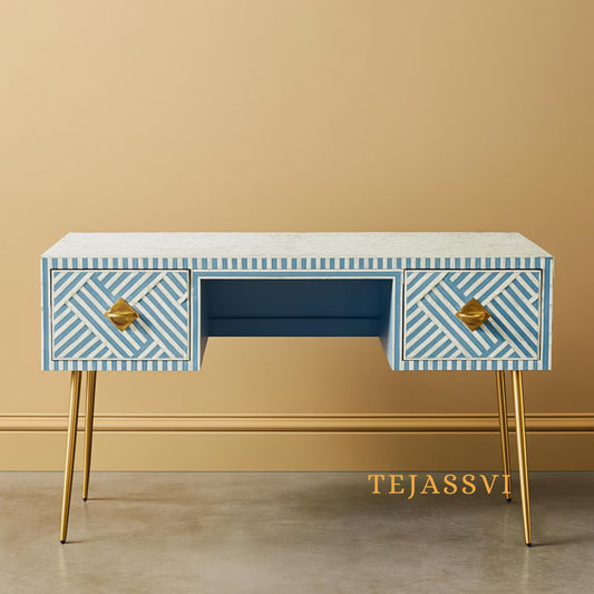 Bone inlay Work Desk | laptop table | console table, Bone Inlay Optical Design 2 Drawers Desk Sky Blue,  Optical Design Study wooden Table.