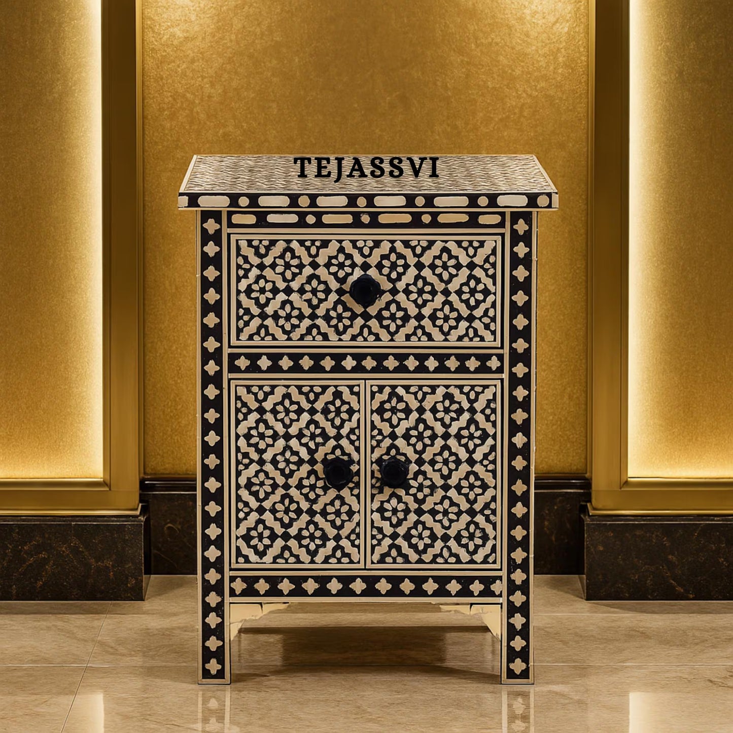 Bone Inlay Nightstand: Arctic Floral Bedside Table with 1 Drawer and 1 Door table bone inlay luxury furniture .