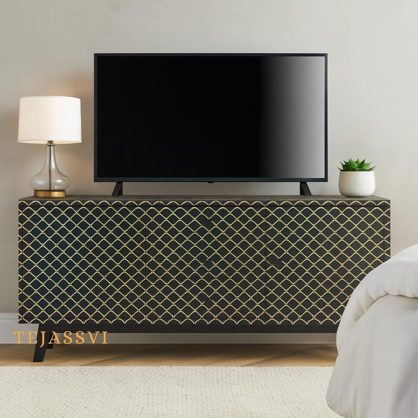 Handmade Bone Inlay Sideboard: Black Fish-Scale Scalloped Credenza / bone inlay console /bone inlay furniture .