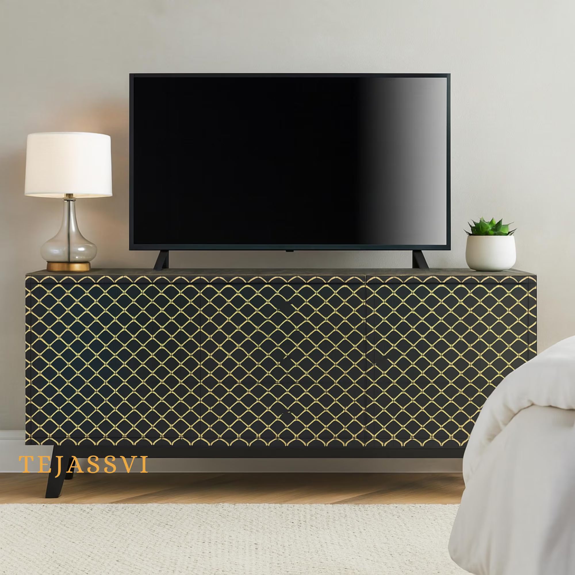 Handmade Bone Inlay Sideboard: Black Fish-Scale Scalloped Credenza / bone inlay console /bone inlay furniture .