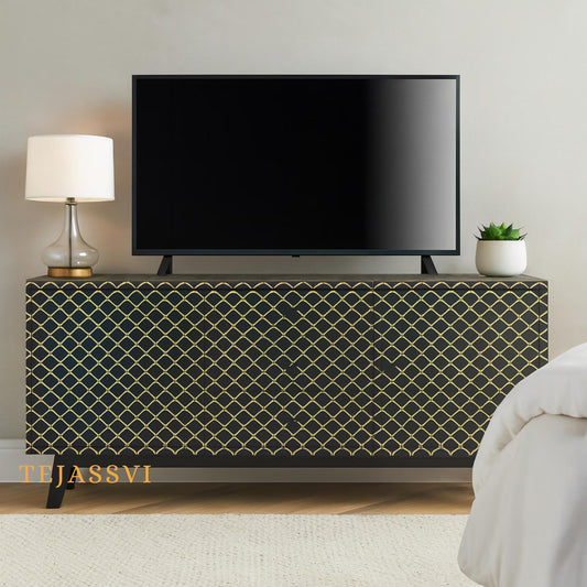 Handmade Bone Inlay Sideboard: Black Fish-Scale Scalloped Credenza / bone inlay console /bone inlay furniture .