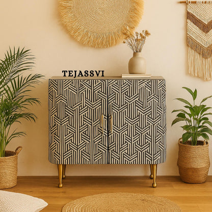 Handmade Bone Inlay Cabinet: Vintage Bohemian Storage Console/Bone inlay Cabinet/bone inlay luxury furniture