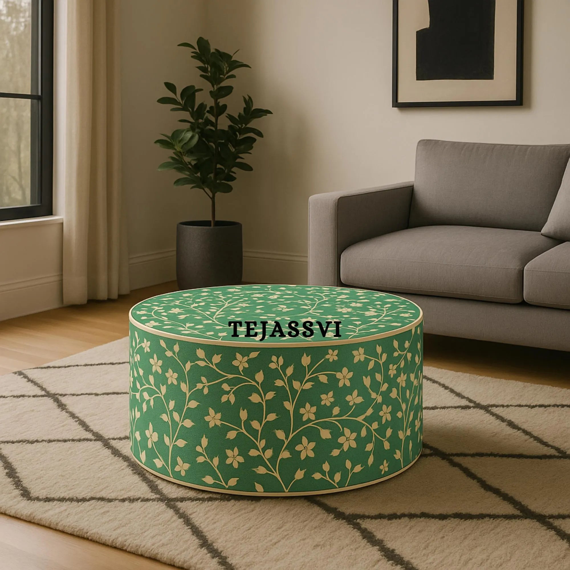 Bone Inlay Round Coffee Table / Centre Table/  Bone Inlay Floral Round Coffee Table / Handmade Bone Inlay Modern Pattern Furniture.