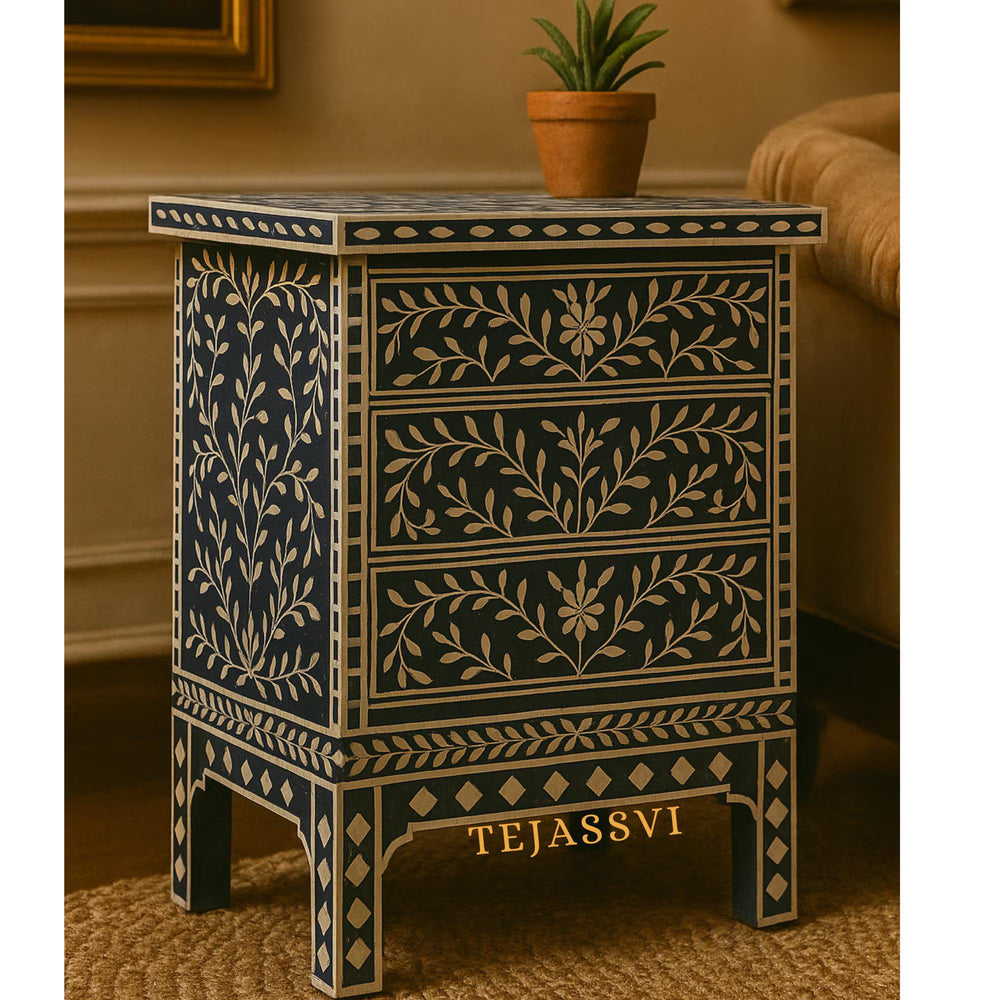 Bone Inlay 3-Drawer Nightstand for Bedroom | Handmade Bone Inlay Lamp Side Table / Bedside Table / Chest of 3-Drawer Bone Inlay furniture.