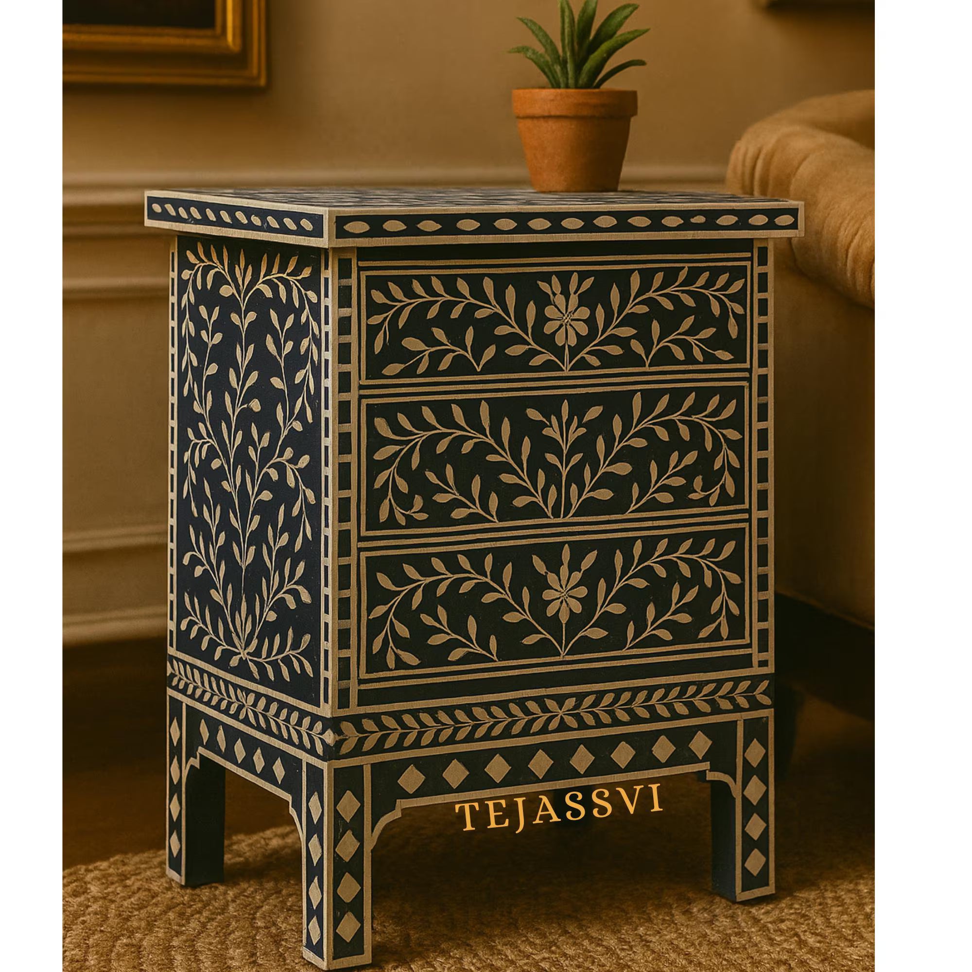 Bone Inlay 3-Drawer Nightstand for Bedroom | Handmade Bone Inlay Lamp Side Table / Bedside Table / Chest of 3-Drawer Bone Inlay furniture.