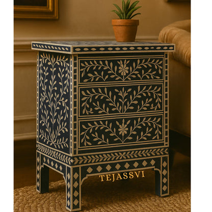 Bone Inlay 3-Drawer Nightstand in blue Color | Handmade Bone Inlay Lamp Side Table /Bedside table /Chest of 3-Drawer Bone Inlay furniture