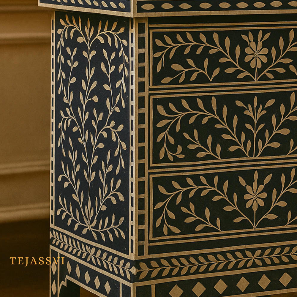 Bone Inlay 3-Drawer Nightstand for Bedroom | Handmade Bone Inlay Lamp Side Table / Bedside Table / Chest of 3-Drawer Bone Inlay furniture.