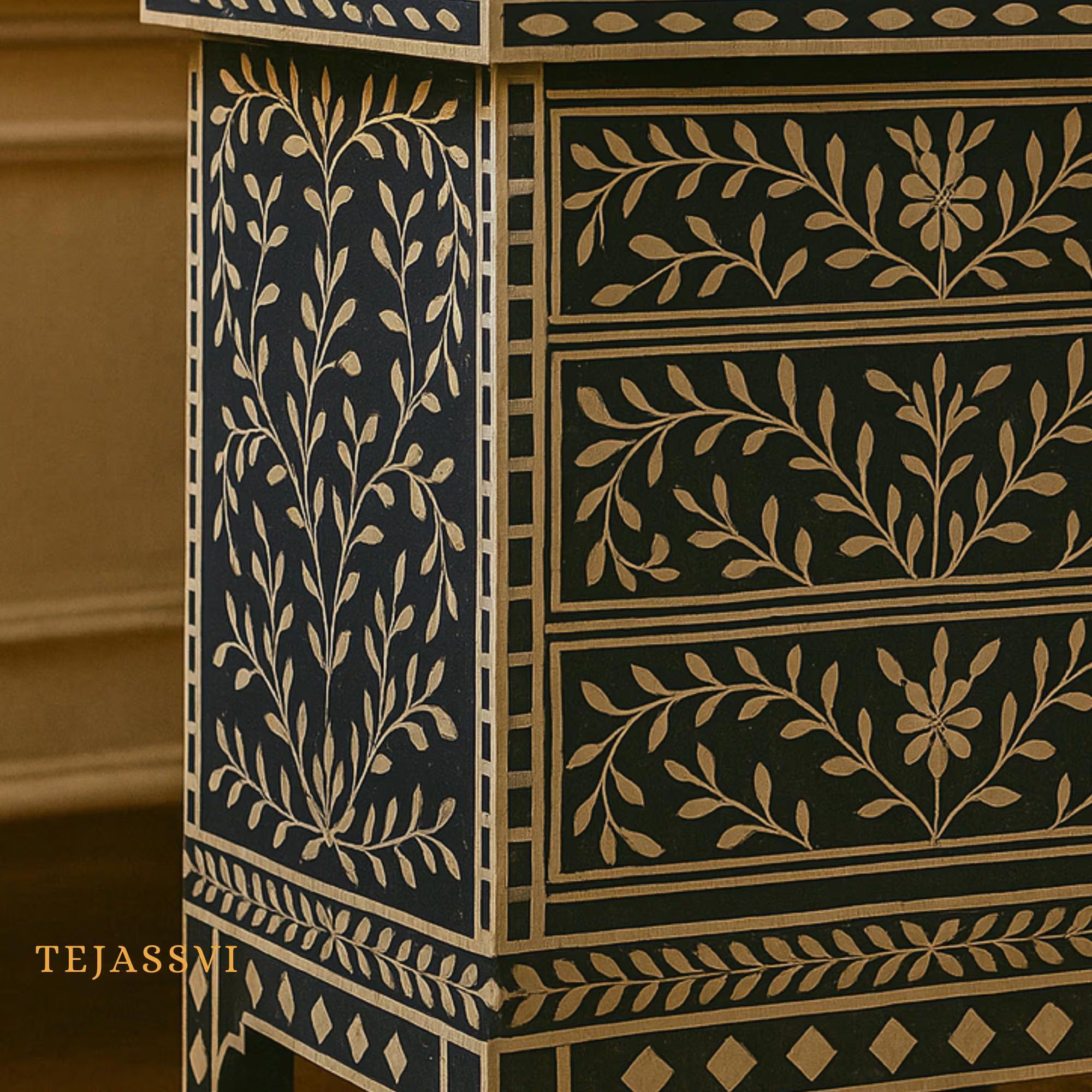 Bone Inlay 3-Drawer Nightstand for Bedroom | Handmade Bone Inlay Lamp Side Table / Bedside Table / Chest of 3-Drawer Bone Inlay furniture.