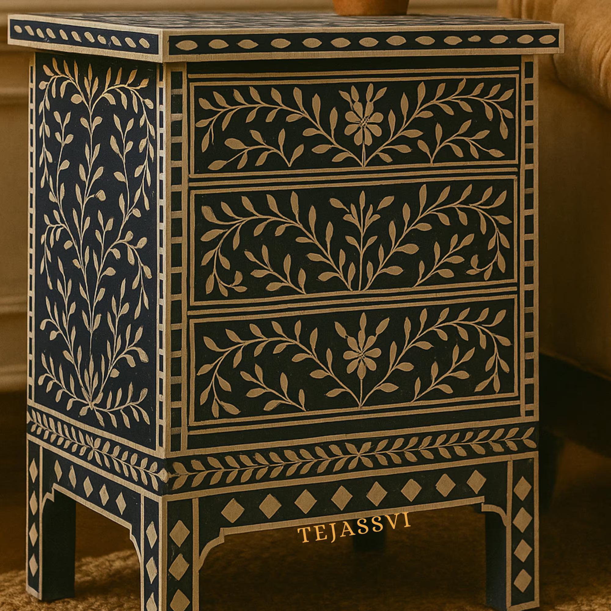 Bone Inlay 3-Drawer Nightstand for Bedroom | Handmade Bone Inlay Lamp Side Table / Bedside Table / Chest of 3-Drawer Bone Inlay furniture.