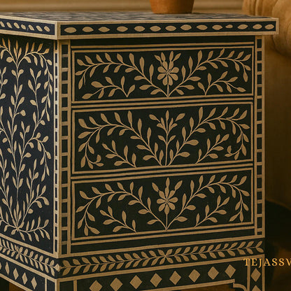 Bone Inlay 3-Drawer Nightstand in blue Color | Handmade Bone Inlay Lamp Side Table /Bedside table /Chest of 3-Drawer Bone Inlay furniture