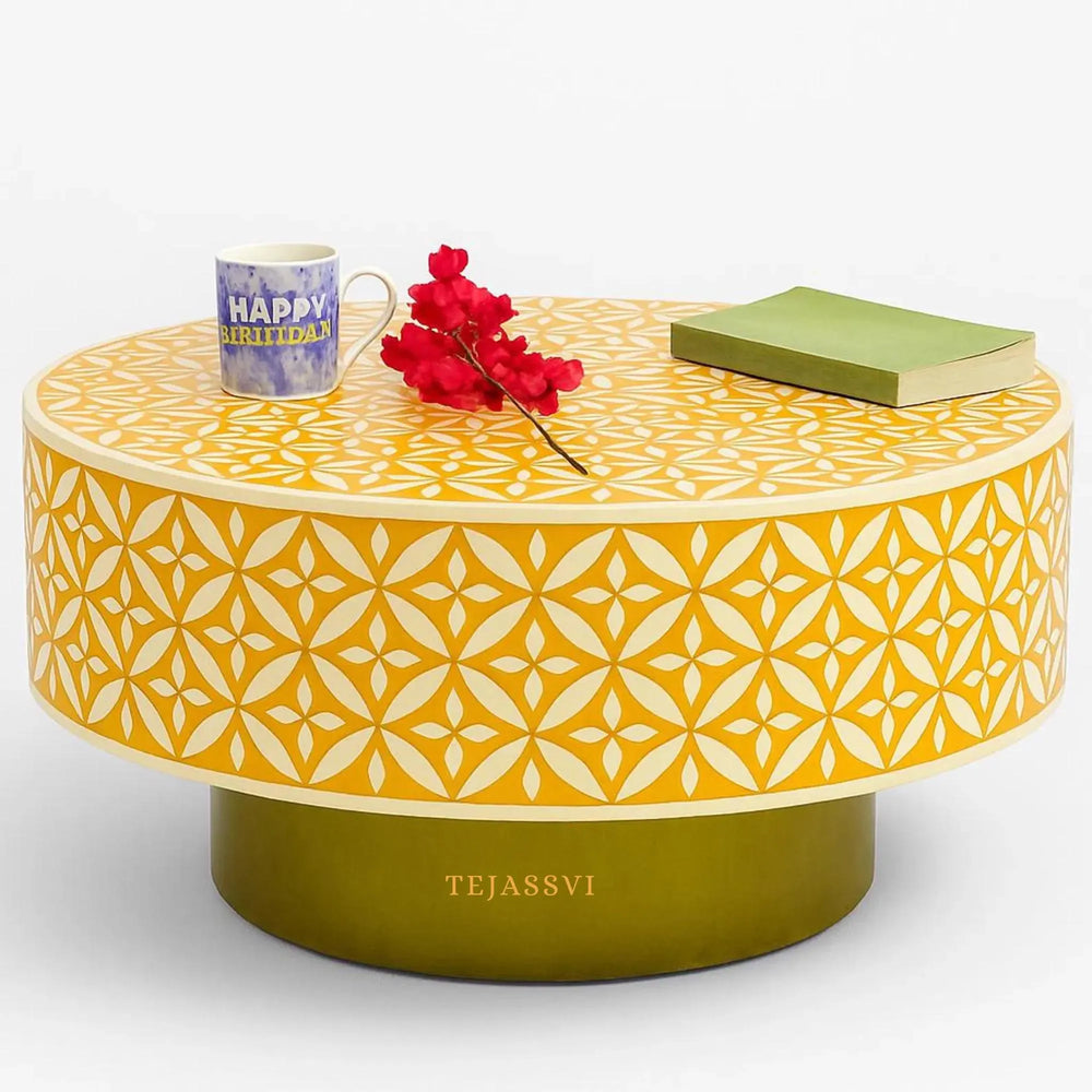 Bone Inlay Round Coffee Table / Bone Centre Table / Bone Inlay Floral Round Coffee Table / Handmade Bone Inlay Modern Pattern Furniture.