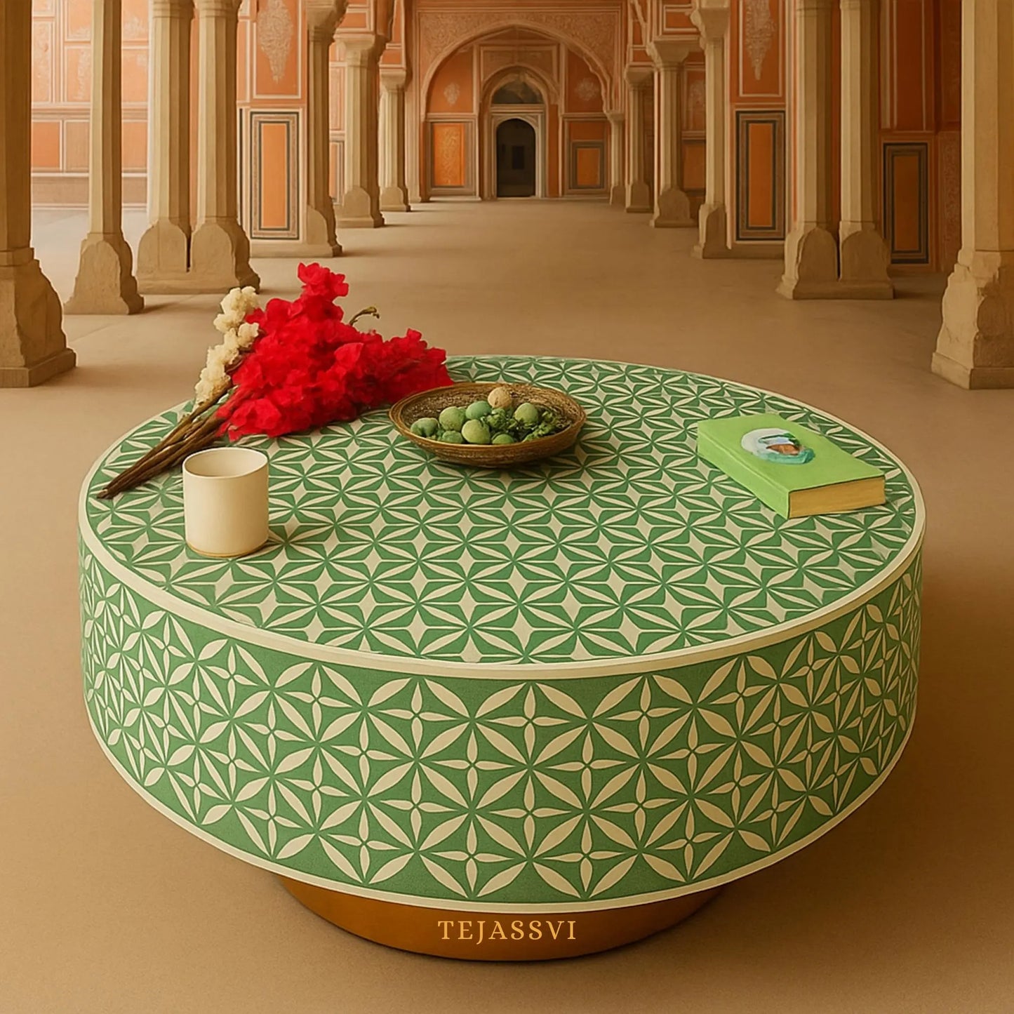 BONE Inlay Round Coffee Table / Centre Table, Bone Inlay Floral Round Coffee Table Handmade Bone Inlay Modern Pattern Furniture.