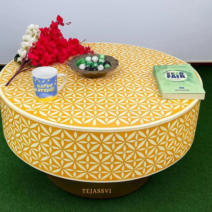 BONE Inlay Round Coffee Table / Centre Table, Bone Inlay Floral Round Coffee Table Handmade Bone Inlay Modern Pattern Furniture.