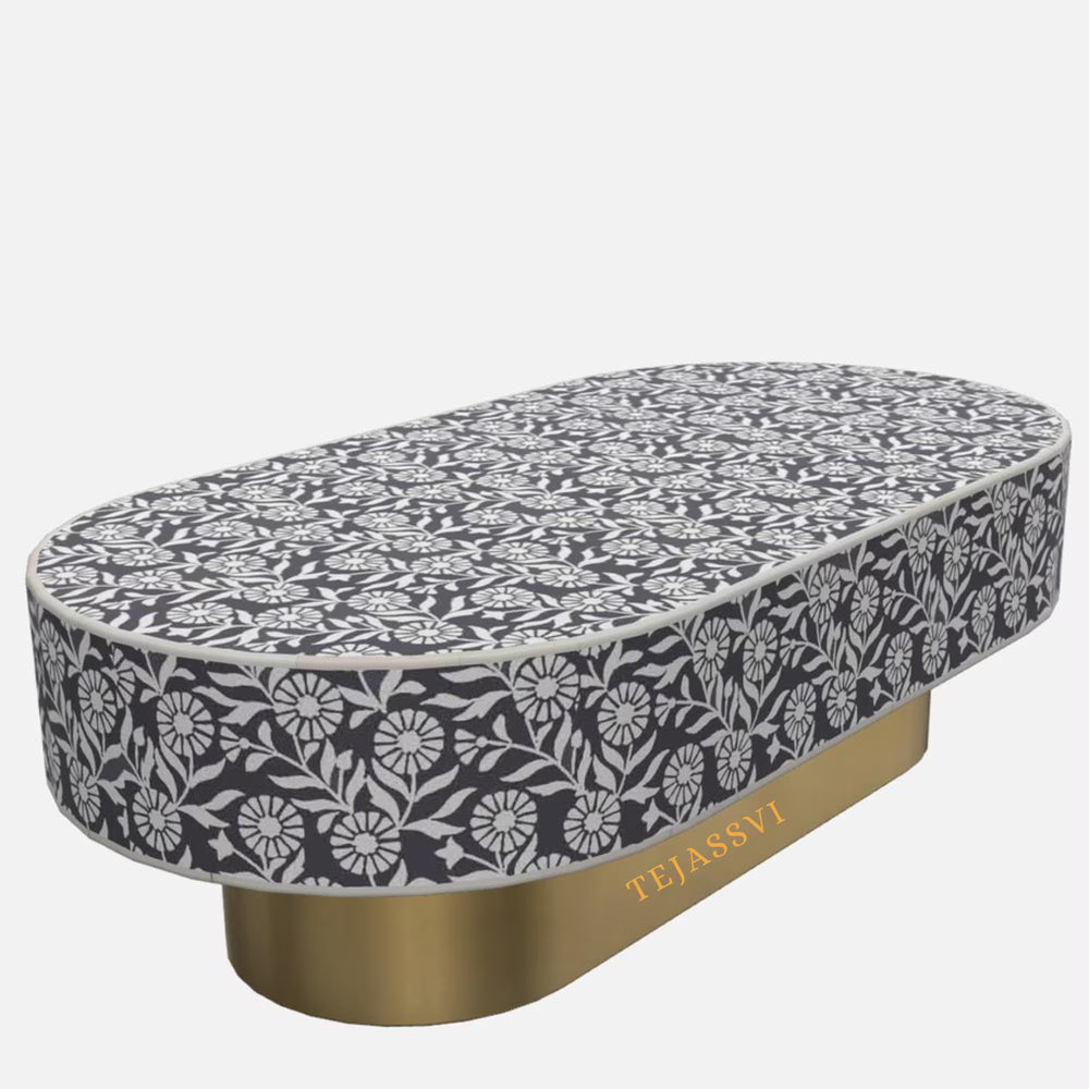 Bone Inlay Oval Coffee Table / Centre Table / MOP Inlay Floral Oval Coffee Table / Handmade MOP Inlay Modern Pattern Furniture.